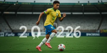 Jovem talento brasileiro de futebol em ação no campo, simbolizando o potencial para 2026.