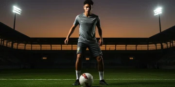Jovem talento do futebol brasileiro em campo, focado no drible e no futuro de sua carreira.
