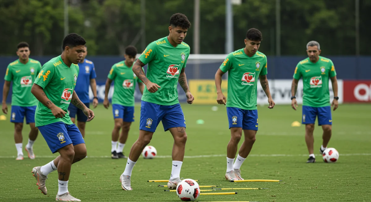 Jovens talentos brasileiros treinando intensamente, com foco na preparação para a Copa de 2026.