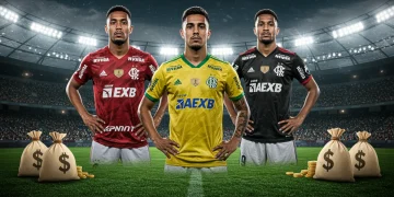 Três jogadores de futebol em uniformes de clubes brasileiros de 2026, com elementos gráficos de dinheiro e gráficos financeiros ao fundo, representando as maiores contratações e seus impactos.