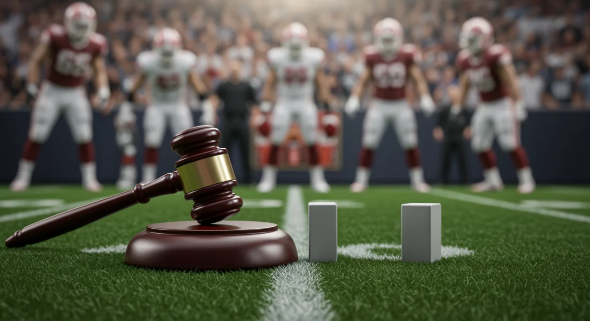 Martelo de juiz em um campo de futebol, simbolizando decisões legais e suas consequências no esporte.