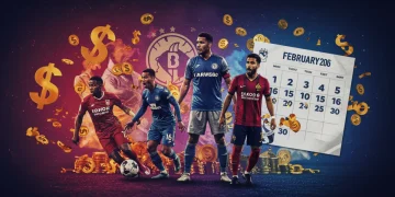 Jogadores e logos de clubes em um fundo vibrante, simbolizando o mercado da bola de fevereiro de 2026.