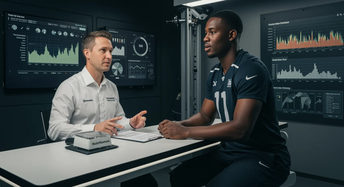 Nutricionista explicando plano alimentar personalizado a jogador de futebol, com gráficos e dados de desempenho ao fundo.