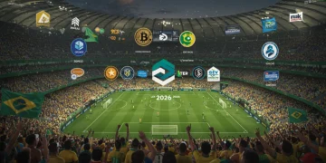 Estádio de futebol brasileiro com torcedores, telas digitais exibindo logotipos de criptomoedas e apostas esportivas, simbolizando as novas tendências de patrocínio em 2026.