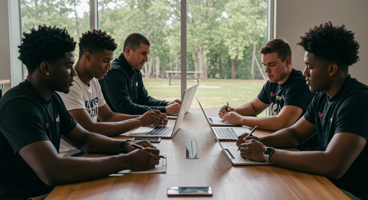 Jovens jogadores e equipe discutindo planejamento estratégico de carreira no futebol.