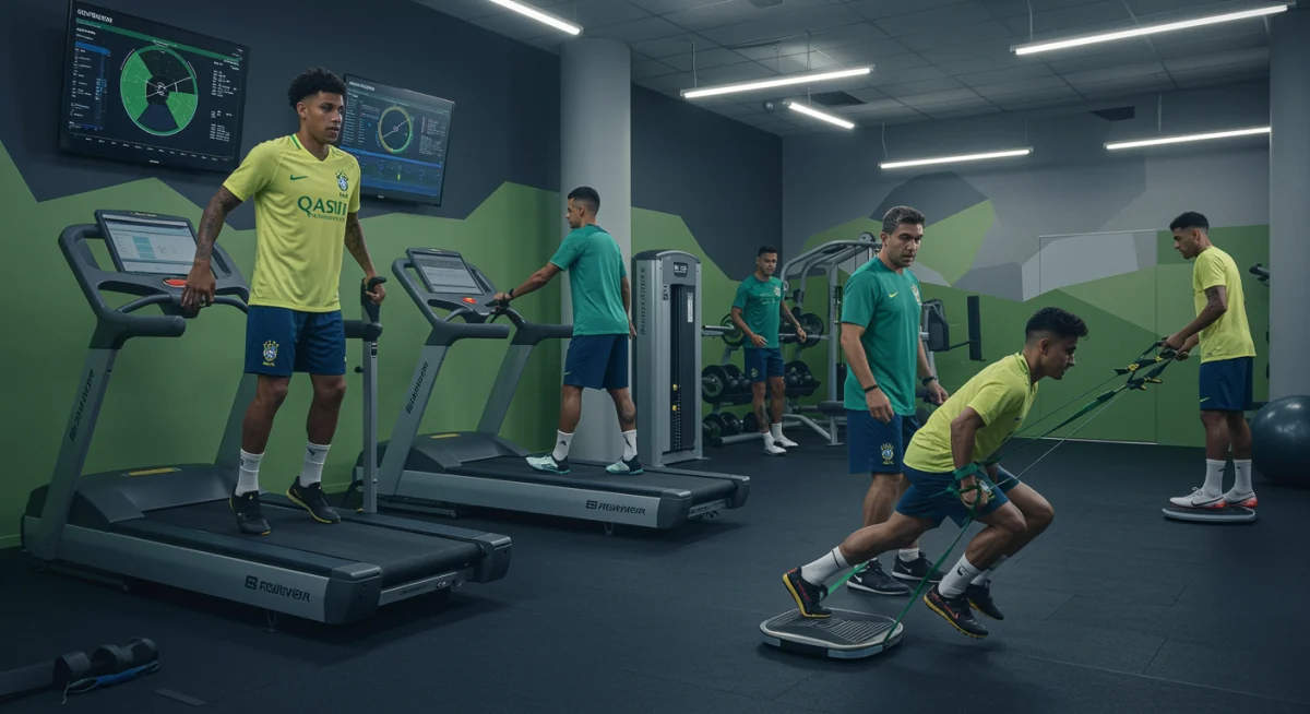 Atletas brasileiros utilizando equipamentos de alta tecnologia para preparação física avançada e monitoramento de desempenho.