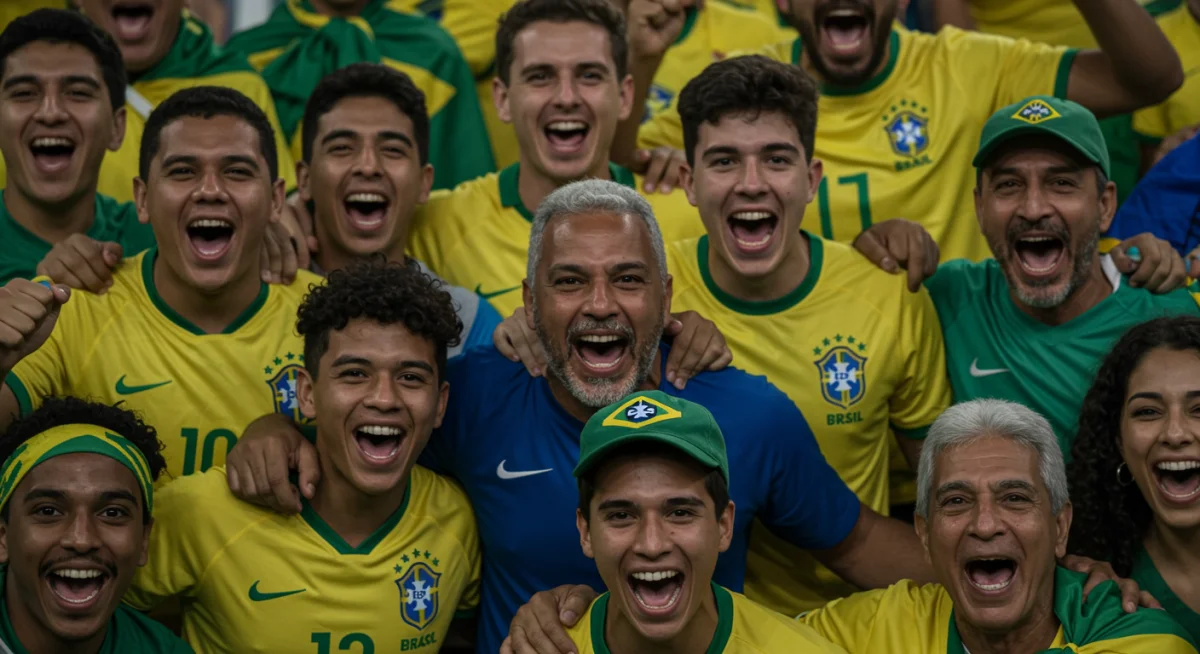 Torcedores brasileiros de diversas idades e origens, vestidos com a camisa da seleção, celebrando um gol com alegria e união, representando a força do futebol na identidade nacional.