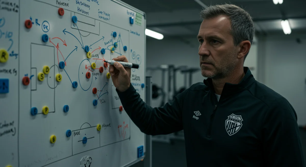 Treinador analisando um quadro tático, ajustando formações devido à ausência de jogadores importantes.