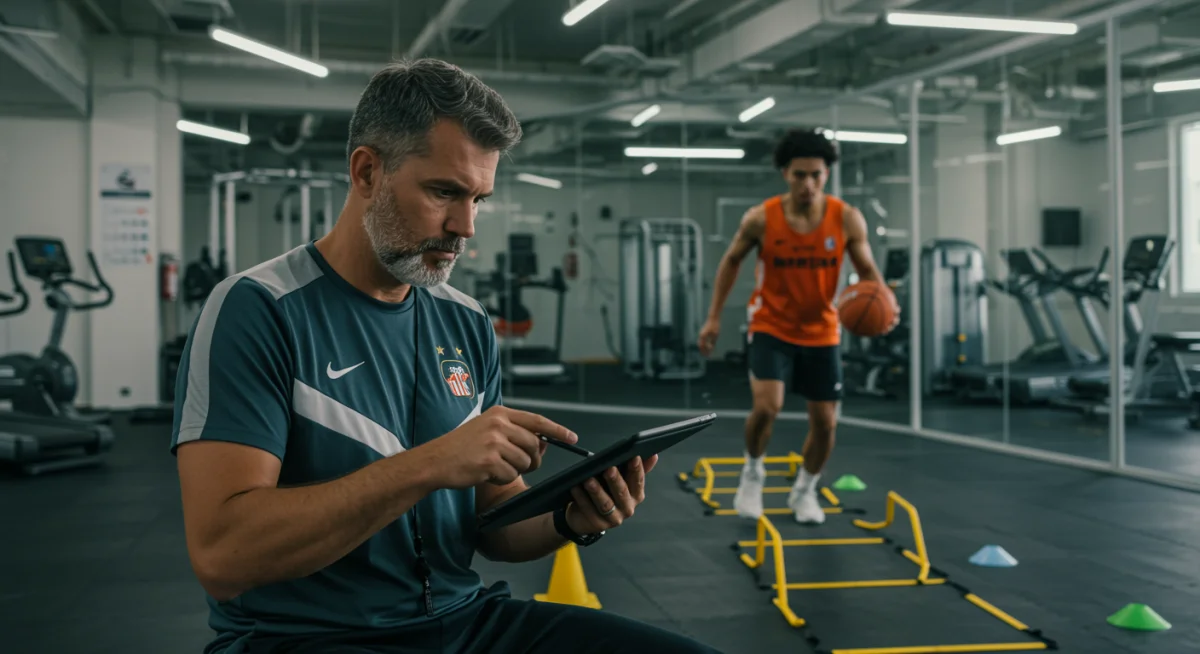 Treinador analisando dados de desempenho em um tablet enquanto um jogador realiza exercícios de agilidade em uma instalação de treinamento de alta tecnologia.