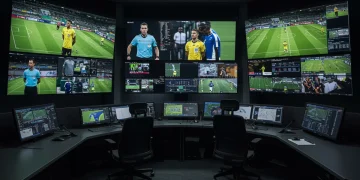 Sala de controle VAR de alta tecnologia em 2025 com árbitros analisando lances do Campeonato Brasileiro.