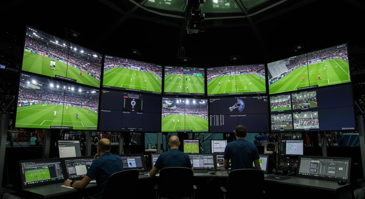 Equipe do VAR analisando lances em múltiplas telas, representando a tecnologia e as novas diretrizes da arbitragem de futebol.