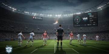 Árbitro revisando lance no monitor VAR durante partida do Campeonato Brasileiro 2025, com torcedores ao fundo