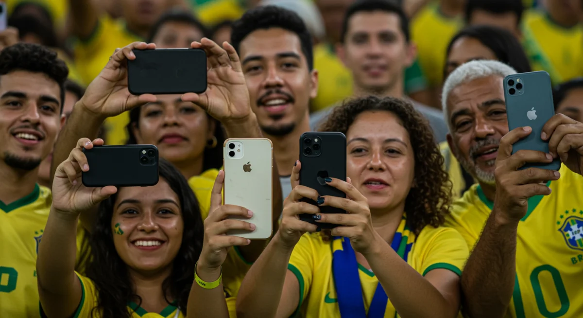 Fãs de futebol brasileiros usando smartphones para filmar no estádio, representando a digitalização e o engajamento online das torcidas.
