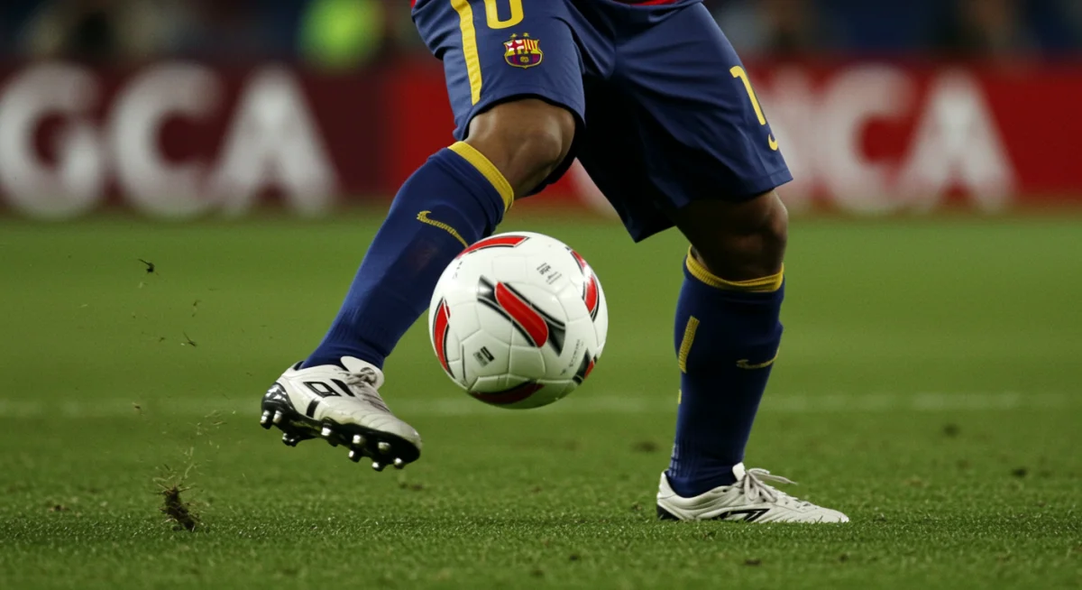 Os pés de Ronaldinho Gaúcho executando um drible espetacular com a bola, demonstrando sua técnica apurada.