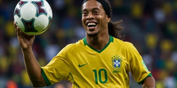 Ronaldinho Gaúcho sorrindo, com a bola no ar, vestindo a camisa da seleção brasileira, em um estádio lotado.