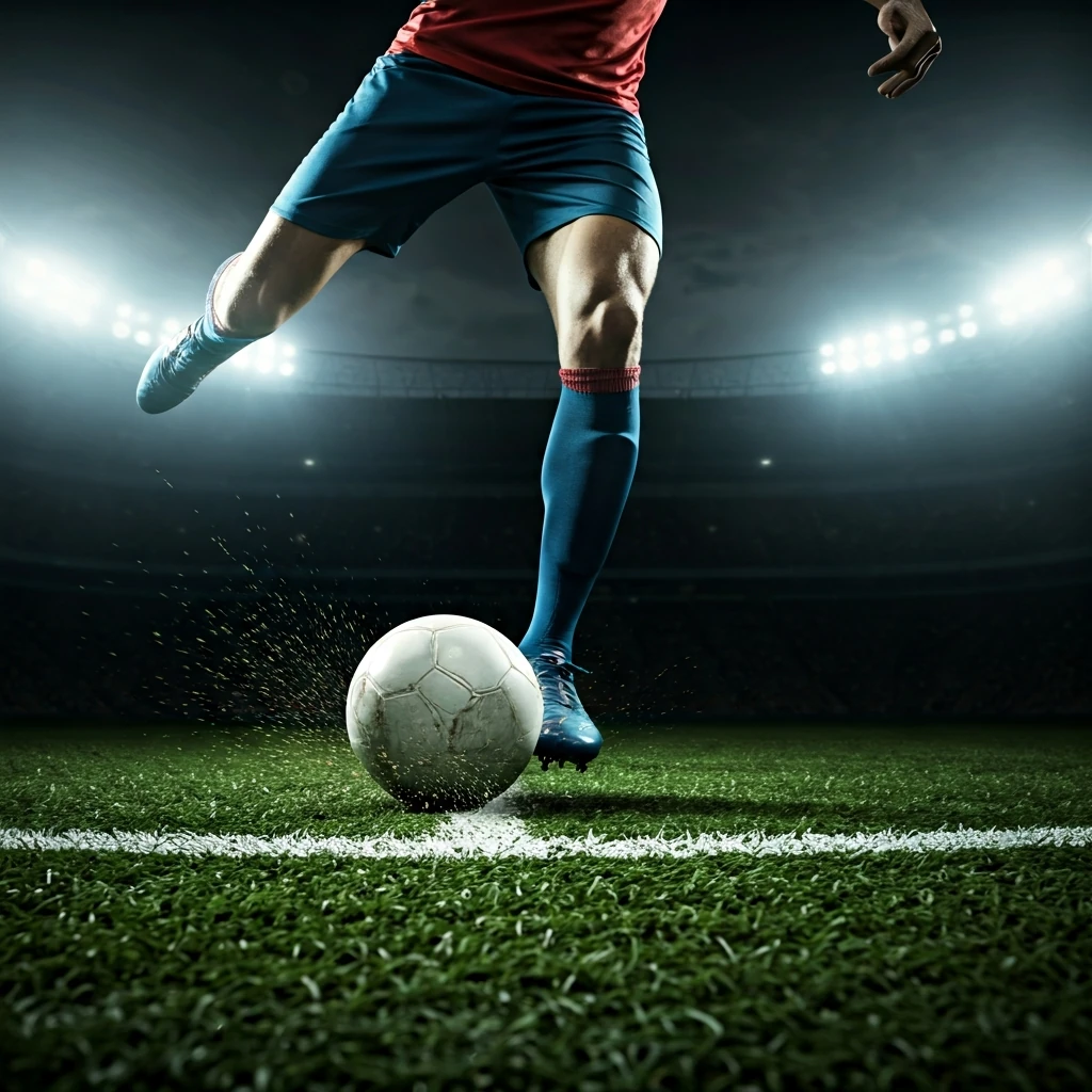 Drible de futebol profissional, jogador realizando uma manobra explosiva em campo, agilidade e controle de bola, gramado verde e iluminação de estádio.