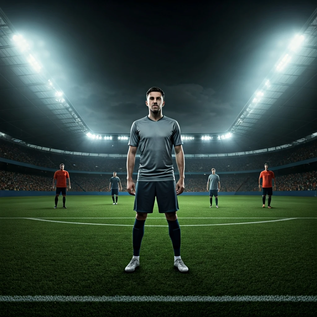 Imagem impactante de um meio-campista central em um campo de futebol, exibindo foco intenso e postura estratégica durante uma partida noturna iluminada por holofotes, simbolizando o papel de 'motor' e 'cérebro' do time.