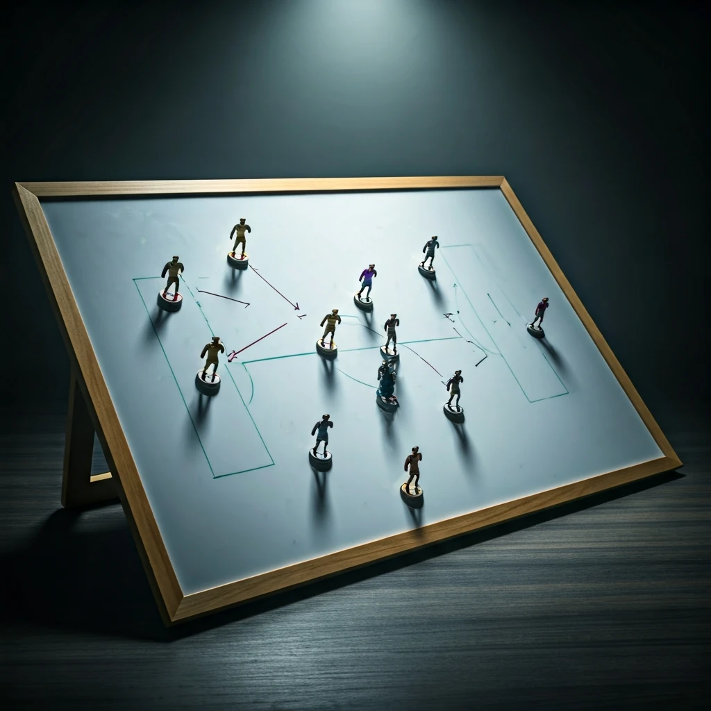 Uma prancheta tática de futebol com uma formação defensiva sólida e uma seta de contra-ataque, simbolizando a estratégia inteligente de um time 'zebra' no Brasileirão desafiando os favoritos.