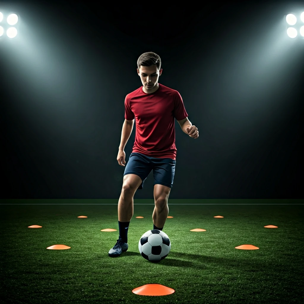 Jogador de futebol focado em um treinamento inovador de alta pressão, aprimorando a técnica e a tomada de decisão em campo.