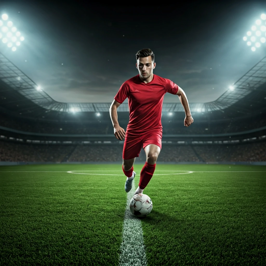 Imagem de um jogador de futebol em campo, simulando a tática do 'lateral construtor' que se move do lado para o meio-campo, com foco em sua movimentação estratégica e controle da bola.