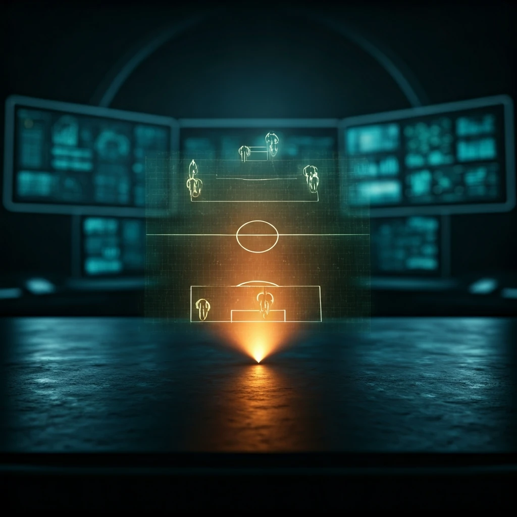 Uma projeção holográfica futurista de um campo de futebol com a formação tática 4-4-2 claramente visível, brilhando em um ambiente de análise tecnológica, simbolizando a redescoberta da tática clássica.