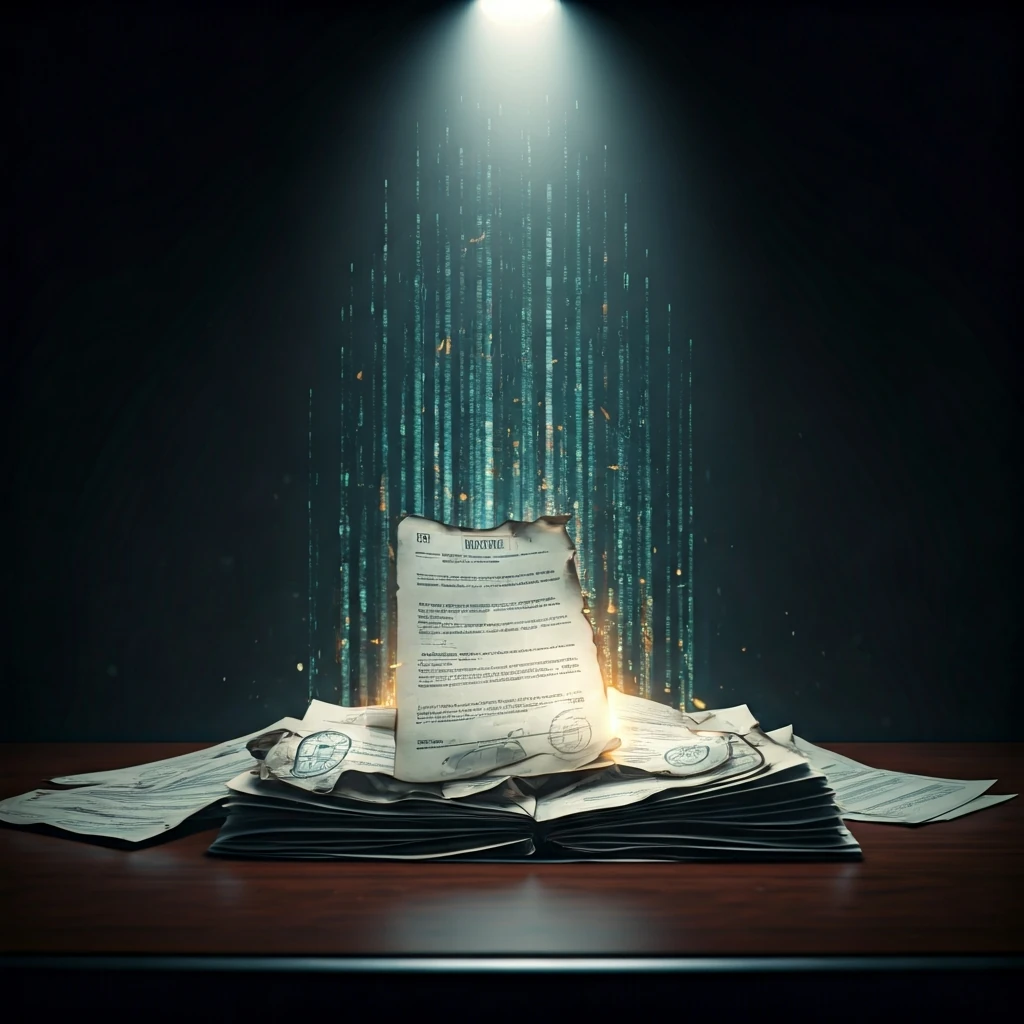 Uma pilha de documentos confidenciais espalhados em uma mesa de reunião escura, com um brilho digital azulado emanando do centro, simbolizando um vazamento de informações massivo no futebol brasileiro.
