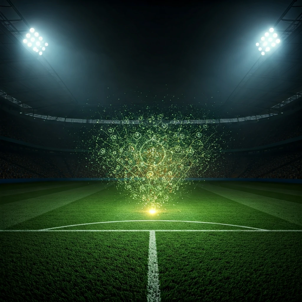 Uma representação visual da dissolução de uma formação tática fixa (4-3-3) em um fluxo dinâmico de movimento de jogadores em um campo de futebol iluminado, simbolizando a importância da adaptação sobre a rigidez tática.