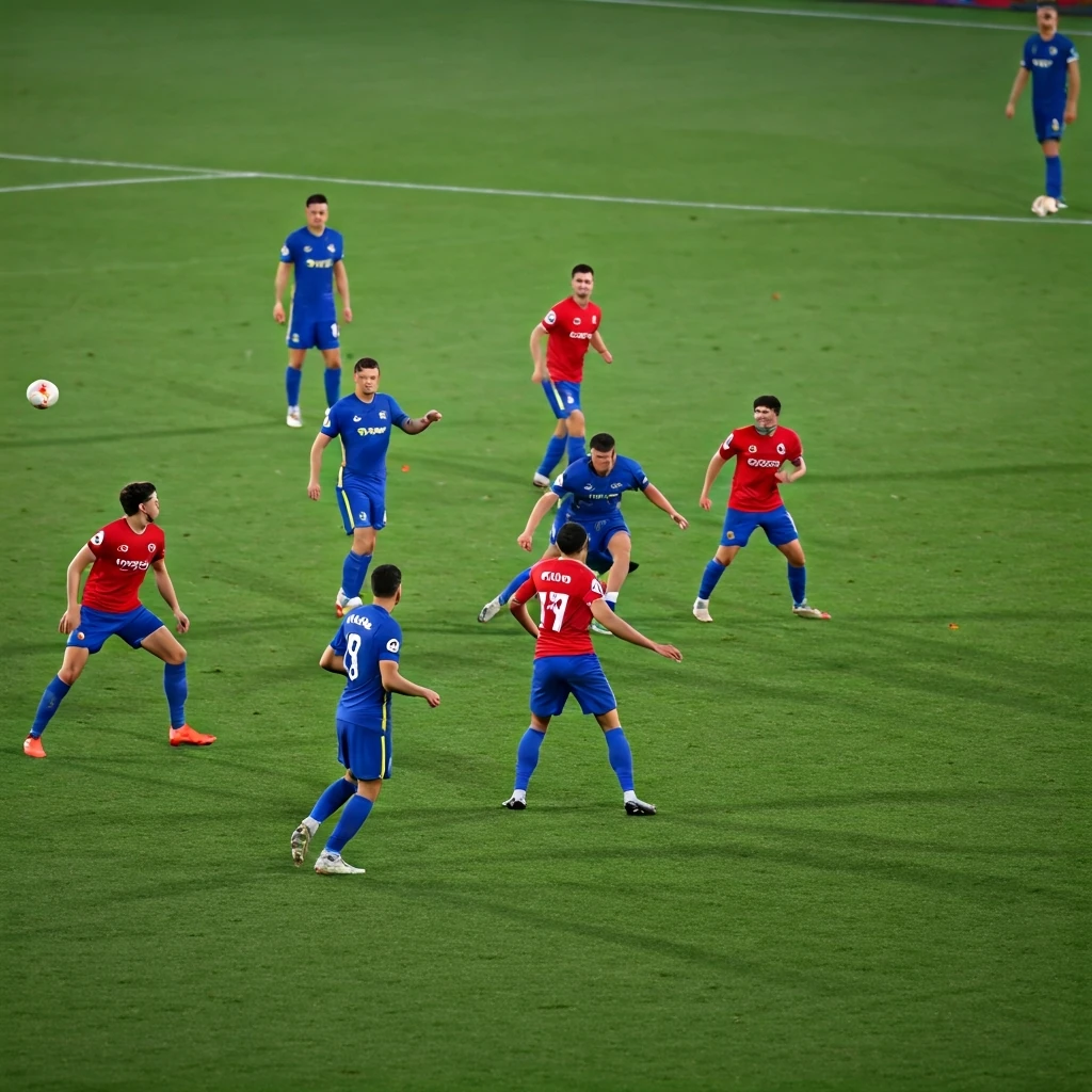 Uma formação tática inovadora de futebol em campo, com jogadores em movimento fluido e adversários confusos, sob iluminação de estádio, ilustrando uma virada estratégica.