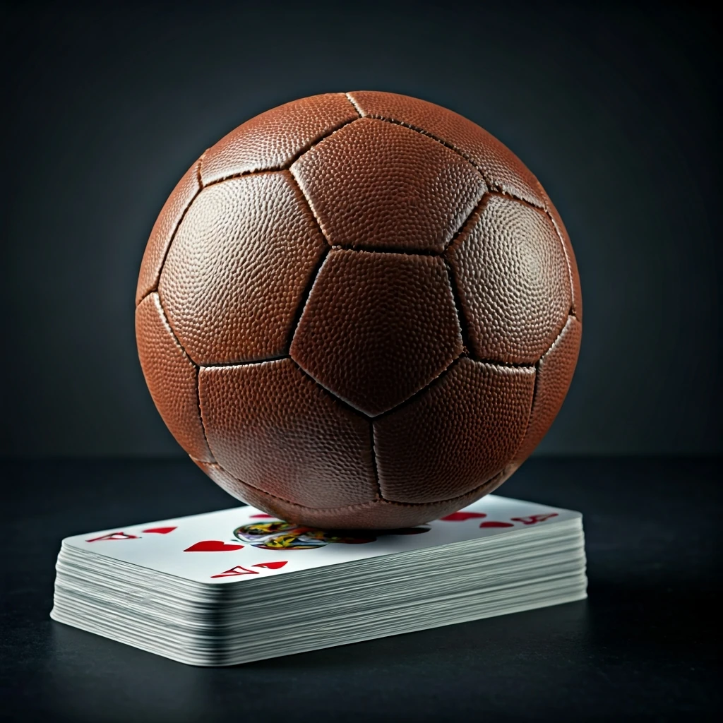 Uma bola de futebol desgastada equilibrada sobre um monte instável de cartas de baralho brilhantes, simbolizando a ilusão de ganhos fáceis e a mentalidade de loteria nas apostas esportivas.