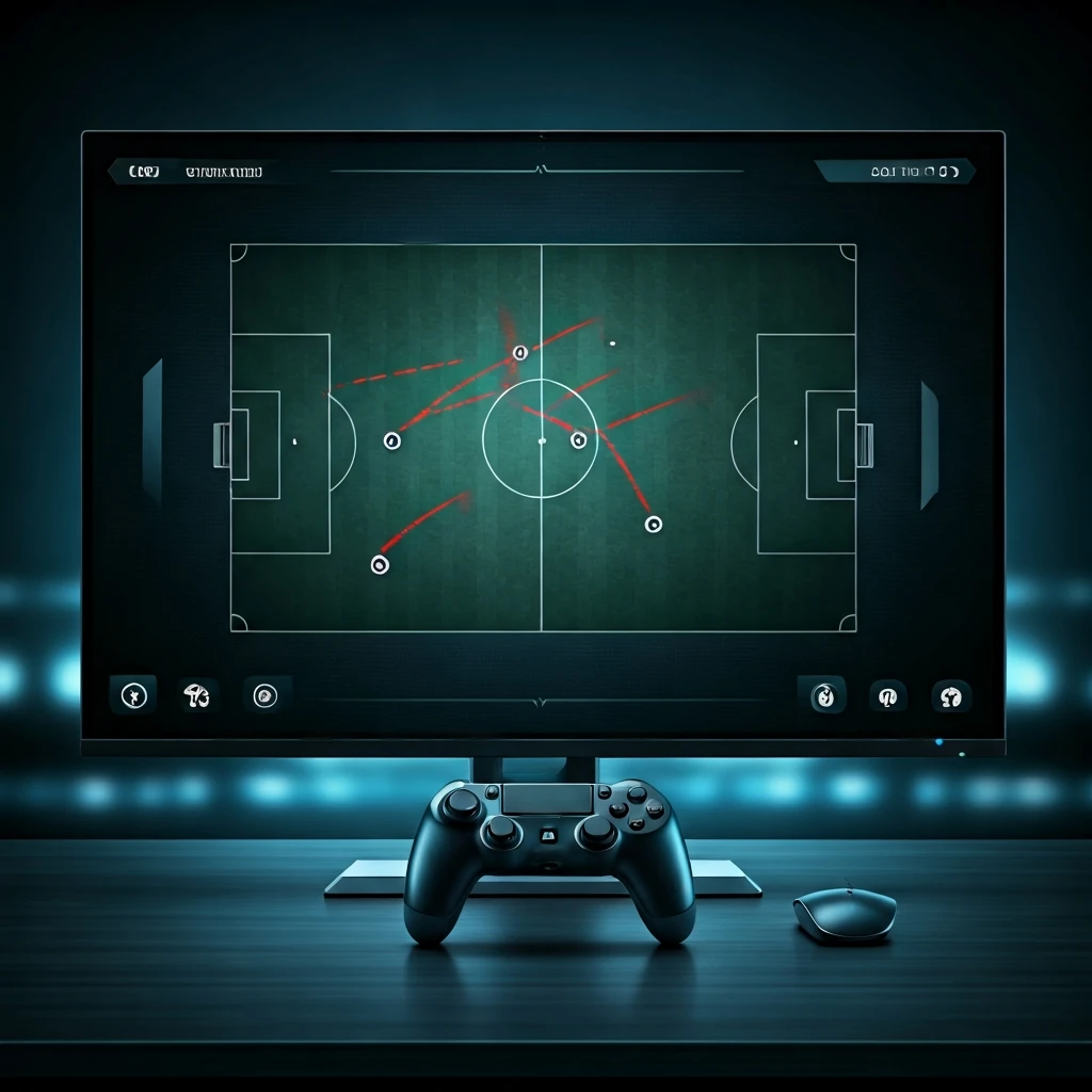 Visualização estratégica de uma tática inovadora de futebol virtual, destacando espaços vazios e rotas de contra-ataque em uma tela de jogo.