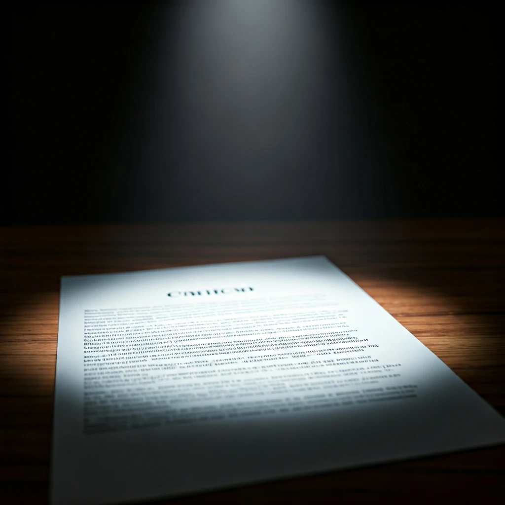 Close-up detalhado de um comunicado oficial em papel, com uma frase específica sutilmente destacada por uma luz focada, representando o detalhe chocante e crucial no futebol feminino.