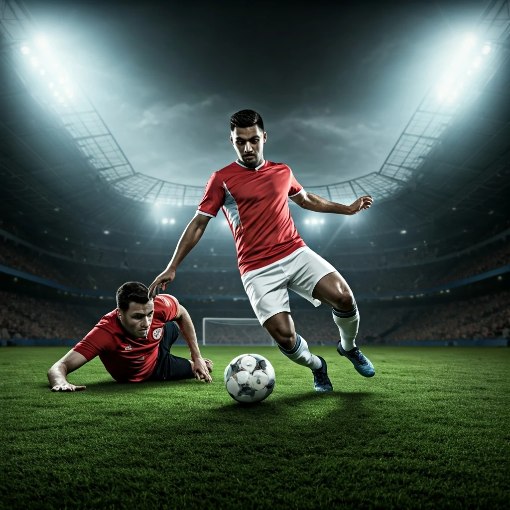 Um jogador de futebol em ação, executando um drible espetacular com a bola no centro do campo, deixando um adversário desequilibrado, destacando a maestria tática e a beleza do lance no esporte.