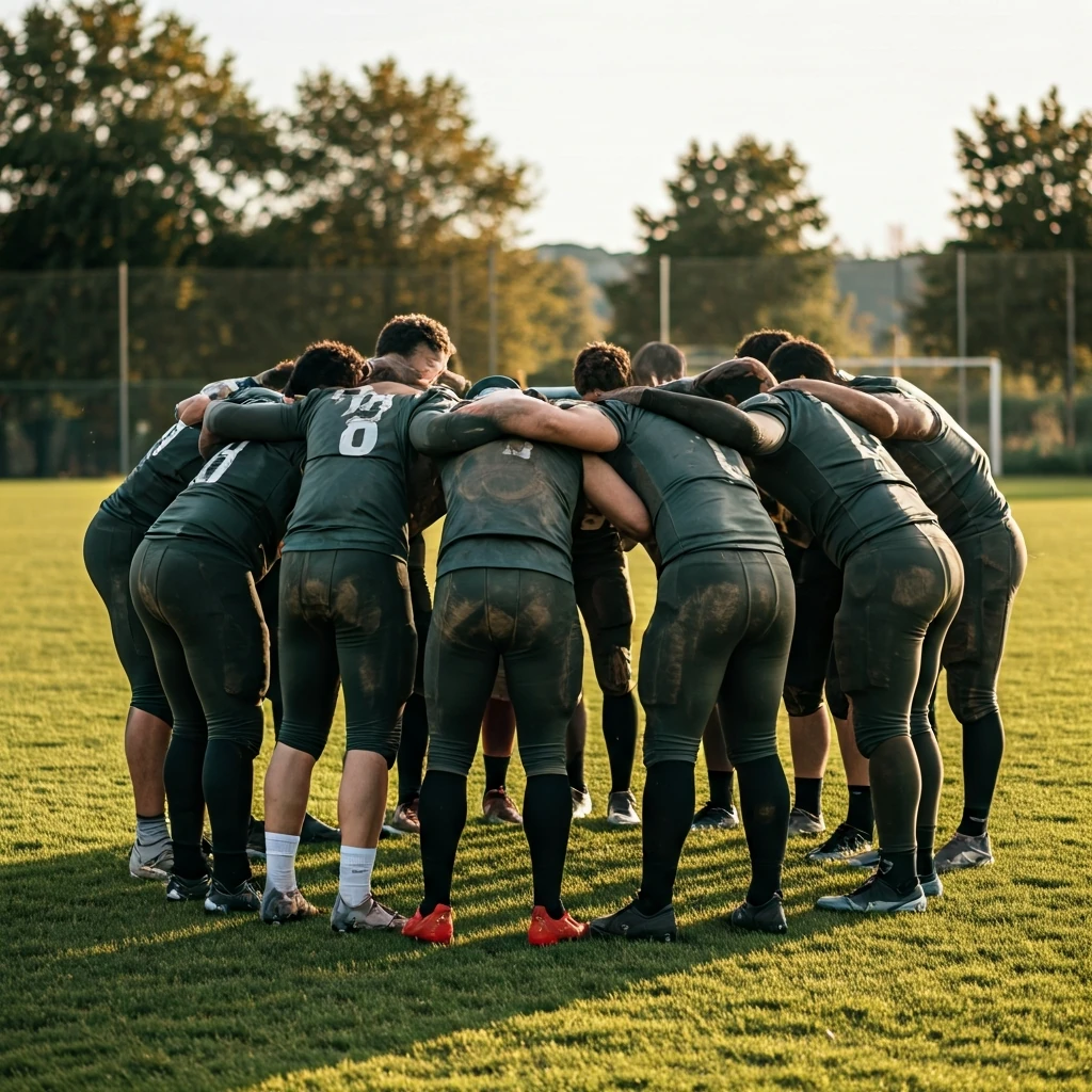 Um time de futebol amador em um campo de grama natural, reunidos em um círculo antes do jogo, demonstrando coesão e comprometimento sob a luz dourada do fim de tarde.