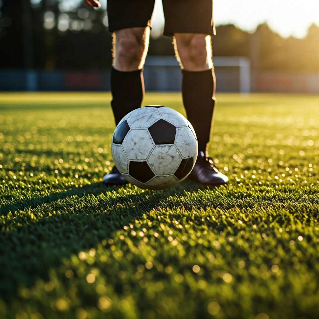 Um jogador de futebol em campo, executando um passe preciso sob a luz dourada do fim de tarde, simbolizando a inteligência e a conexão do jogo.