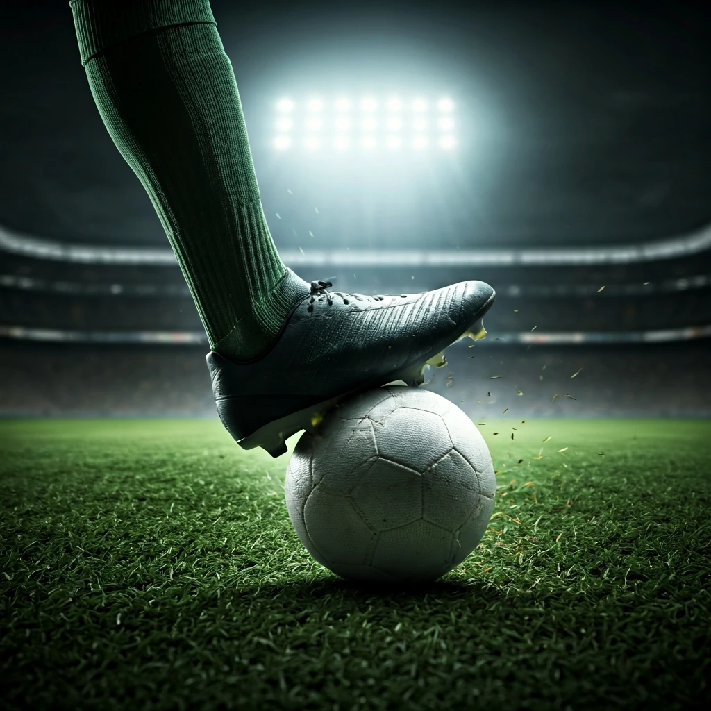 Um jogador de futebol fazendo um passe estratégico e preciso, com a bola no momento exato do impacto com a chuteira, em um campo verde vibrante sob iluminação de estádio.