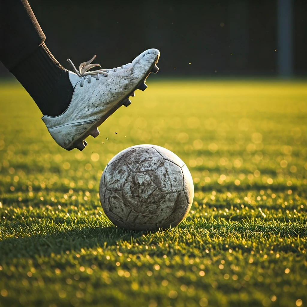 Um jogador de futebol fazendo um passe preciso em um campo verde ensolarado.