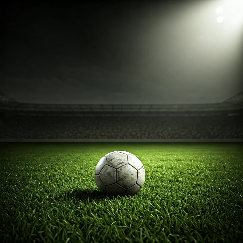Uma bola de futebol solitária em um campo verde ao pôr do sol, simbolizando a preparação psicológica para o jogo.