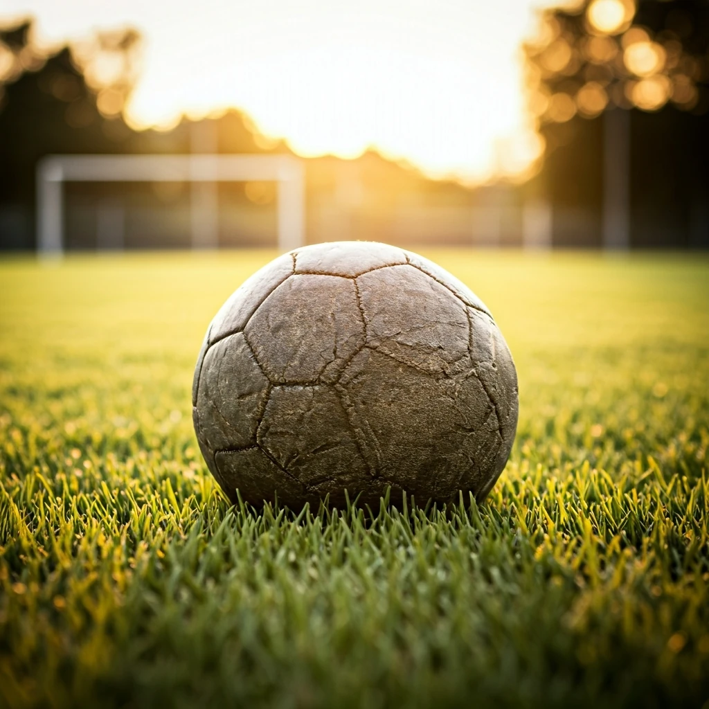 Uma bola de futebol de couro gasta e murcha deitada em um campo de grama irregular sob o sol da tarde, simbolizando os erros fundamentais no futebol.