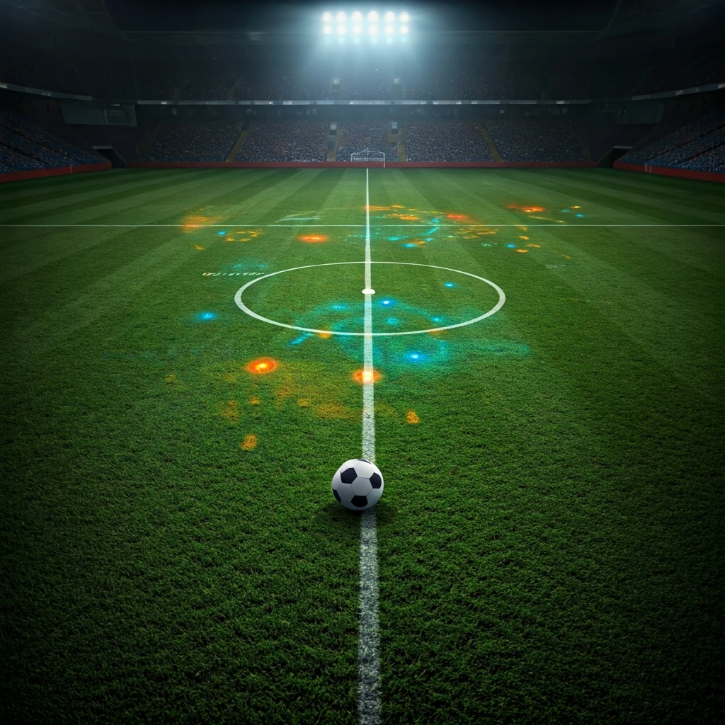 Campo de futebol visto de cima com projeções digitais de táticas e mapas de calor, simbolizando a evolução estratégica no futebol moderno.