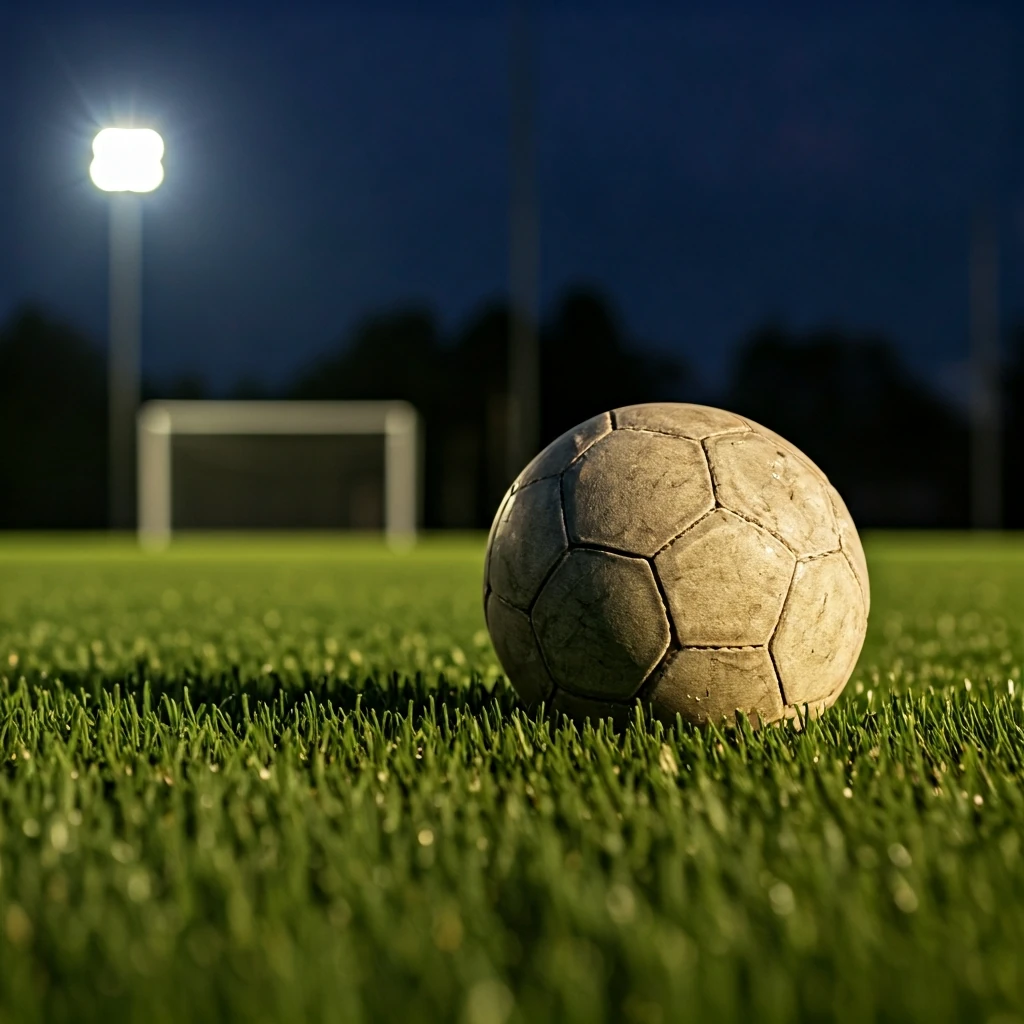 Uma bola de futebol desgastada no gramado verde de um campo ao pôr do sol, com o gol desfocado ao fundo. A iluminação dourada realça a textura da grama e da bola.