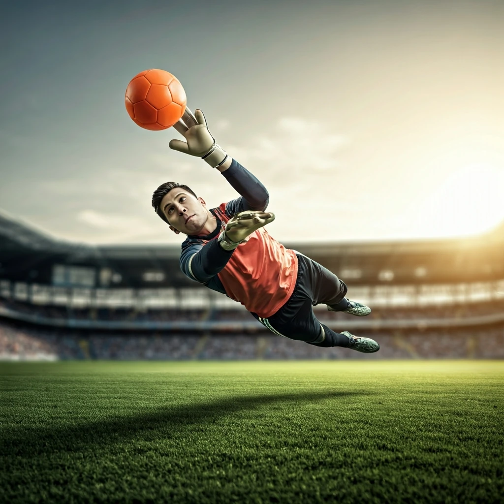 Goleiro de futebol em salto dramático para defender uma bola, destacando a importância da posição.