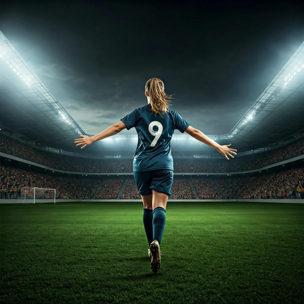 Um estádio de futebol lotado ao anoitecer, com uma jogadora de futebol feminina celebrando no campo, simbolizando a ascensão global do esporte.