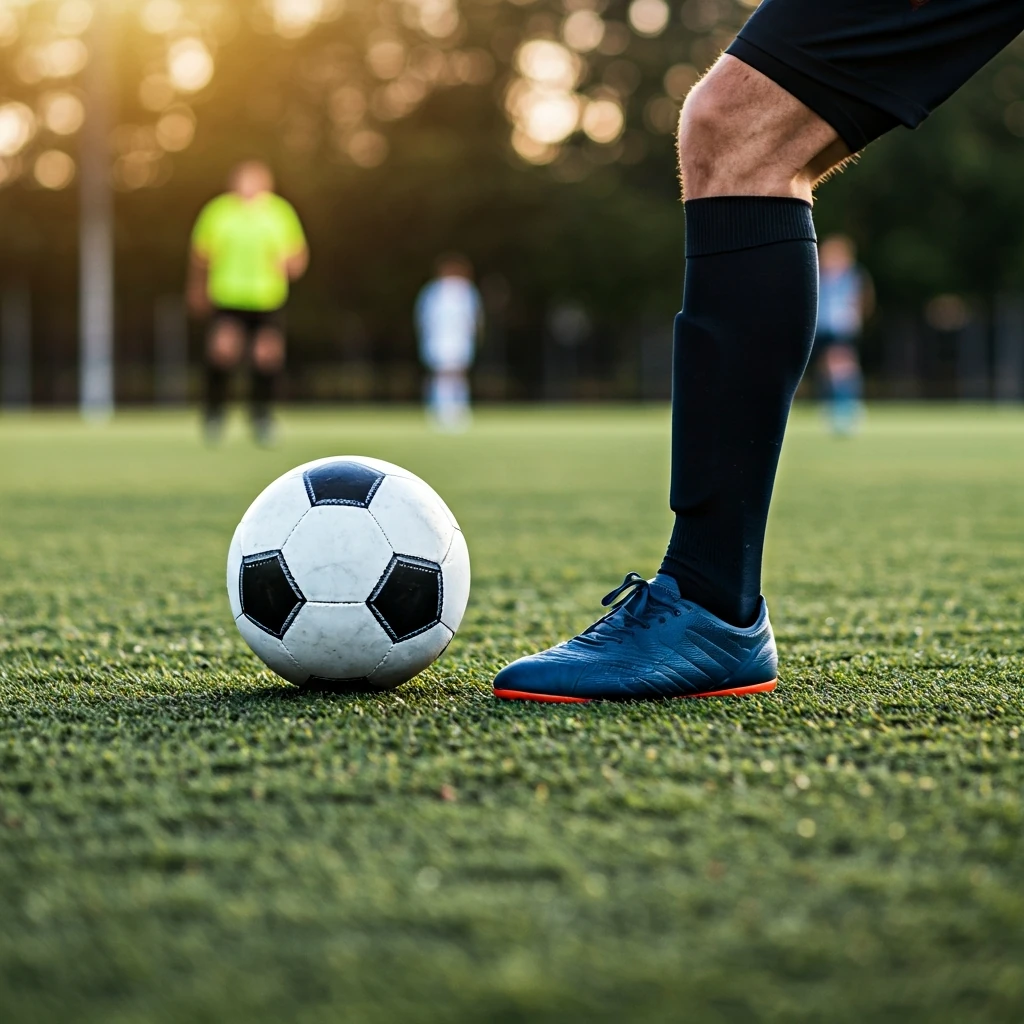 Pés de um jogador de futebol driblando a bola em um campo verde durante o pôr do sol, com a defesa adversária desfocada ao fundo.