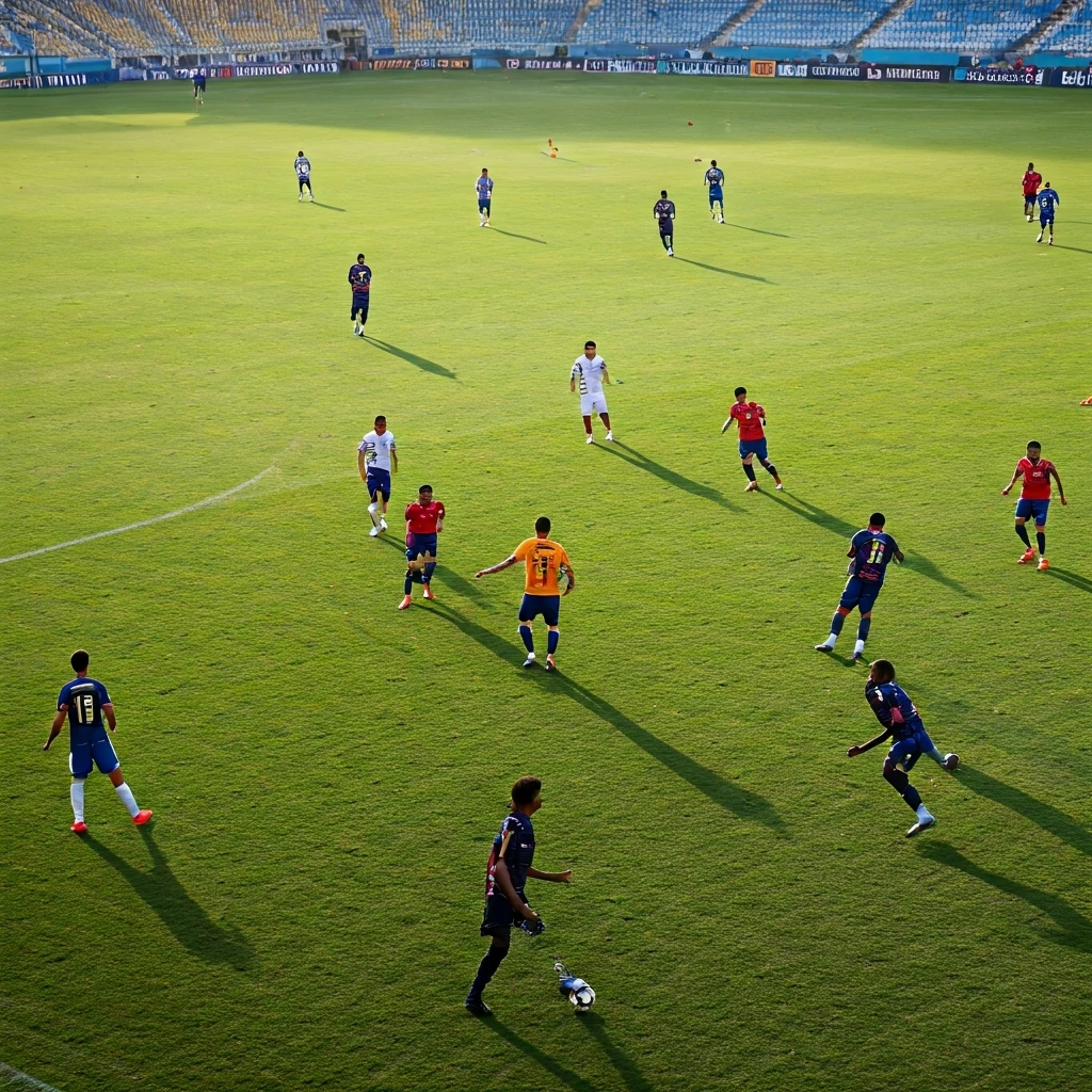 An aerial view of a dynamic football match, showcasing modern, fluid tactical formations on a vibrant green pitch.