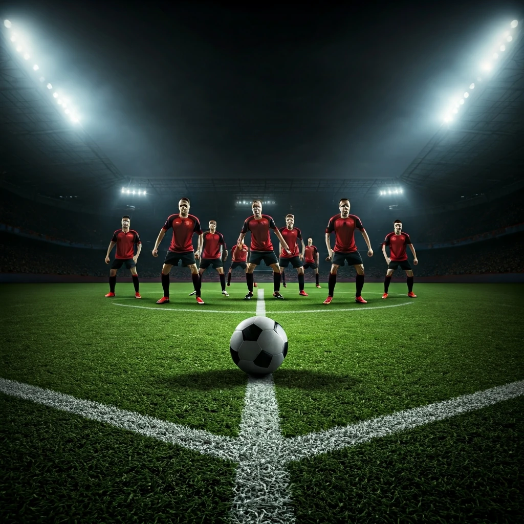 Time de futebol de ataque em formação tática avançando em direção ao gol em um estádio iluminado, com a bola no ponto de pênalti.