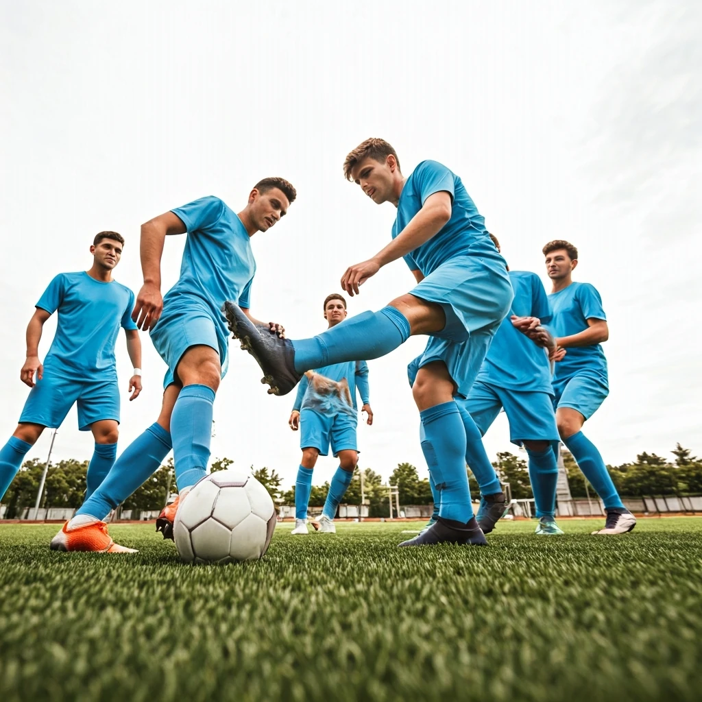 Time de futebol amador em campo, jogando em sintonia, focados na bola, com gramado natural e luz difusa.