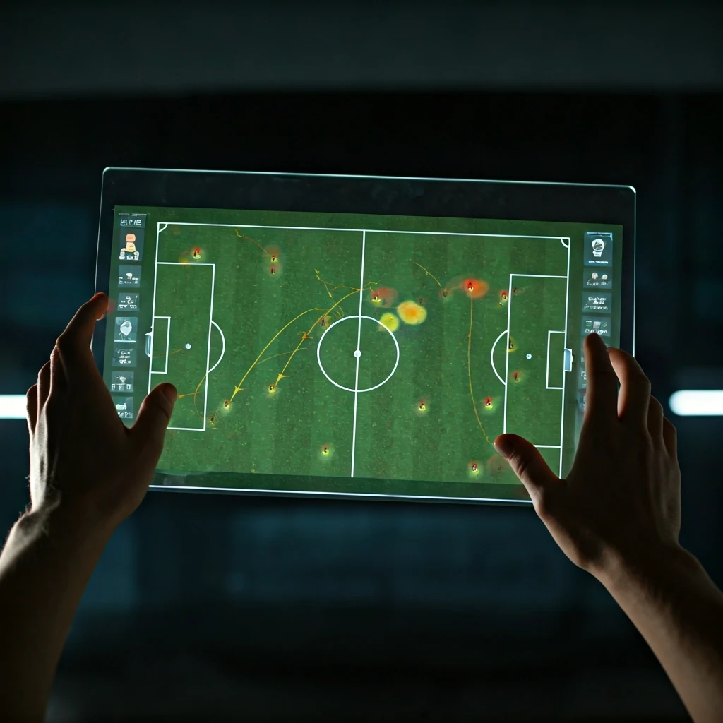 Análise tática de futebol em uma tela de toque transparente, mostrando formações de jogadores e mapas de calor.