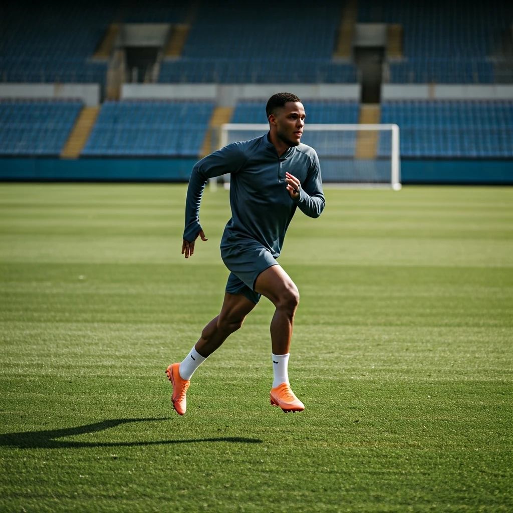 Close-up de um jogador de futebol profissional em alta velocidade durante um treino intenso, mostrando a importância da preparação física.