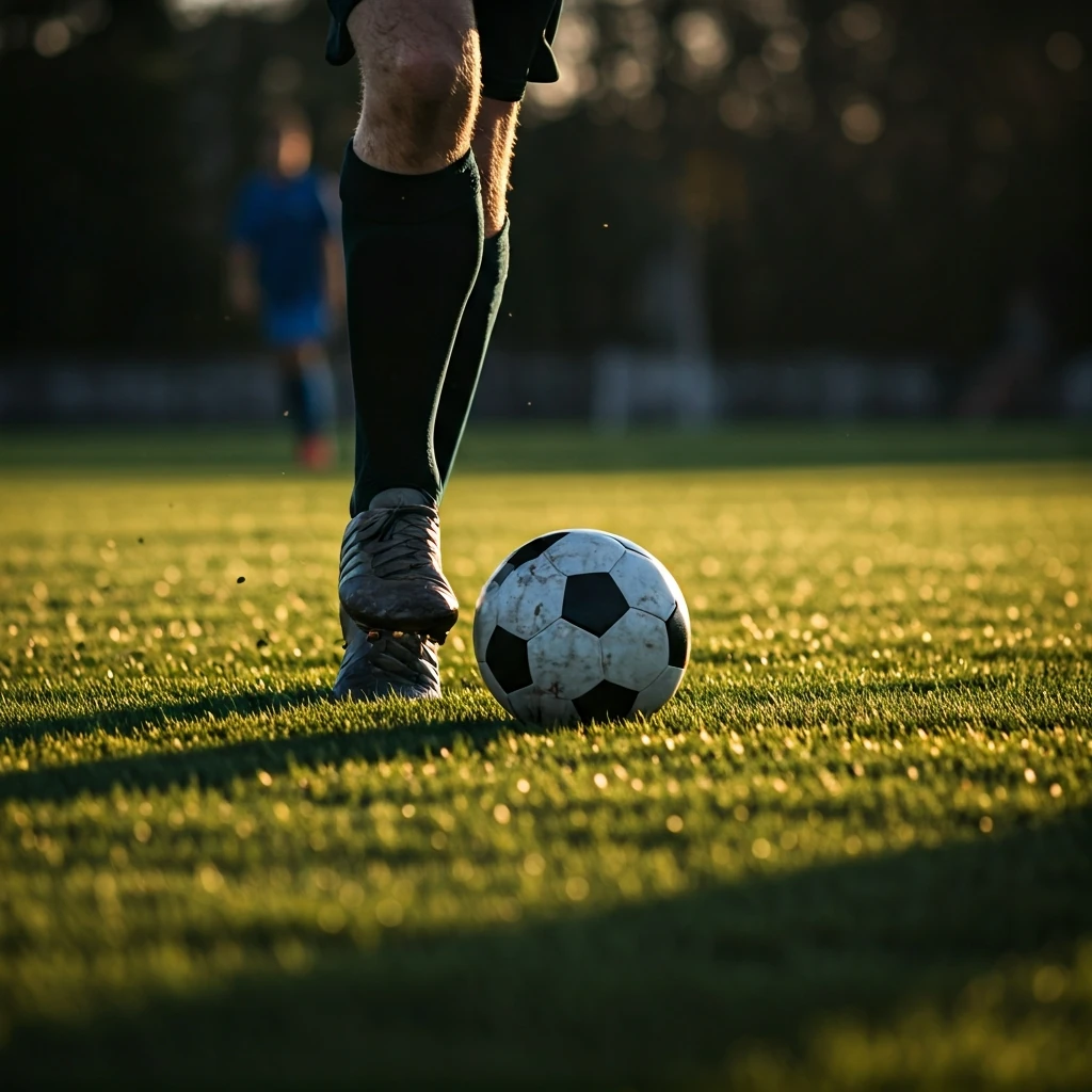 Pé de jogador de futebol com chuteira moderna fazendo um passe preciso em um campo de grama verde ao pôr do sol, com outros jogadores desfocados ao fundo.
