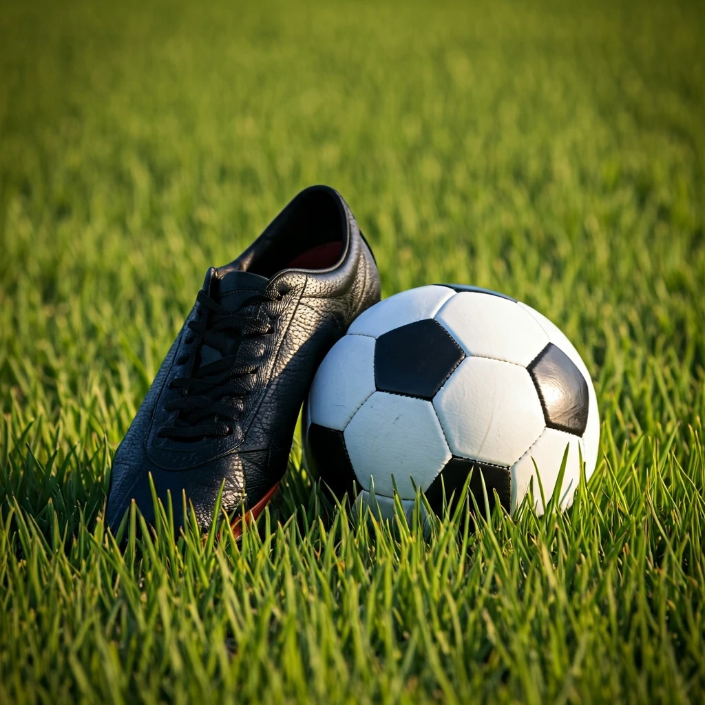 Chuteira preta e laranja plantada firmemente na grama ao lado de uma bola de futebol, demonstrando a postura correta para chutar com precisão no futebol.